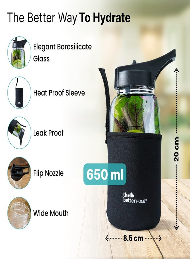 The Better Home زجاجة مياه من زجاج البوروسيليكات من ذا بيتر هوم، سعة 650 مل، مزودة بغطاء واقٍ، مناسبة للمكتب، النادي الرياضي، والمدرسة، مانعة للتسرب وخالية من مادة BPA، مصنوعة من زجاج مقاوم للكسر - عبوة واحدة، لون أسود - Image 3